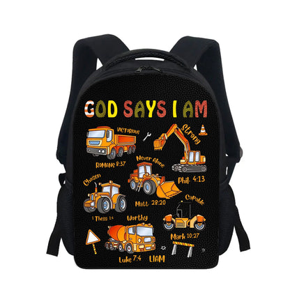 Personalized Christian Kids Backpack with Bible Verses – Construction Vehicle Theme – Back to School Gift by CHRISTIANARTBAG