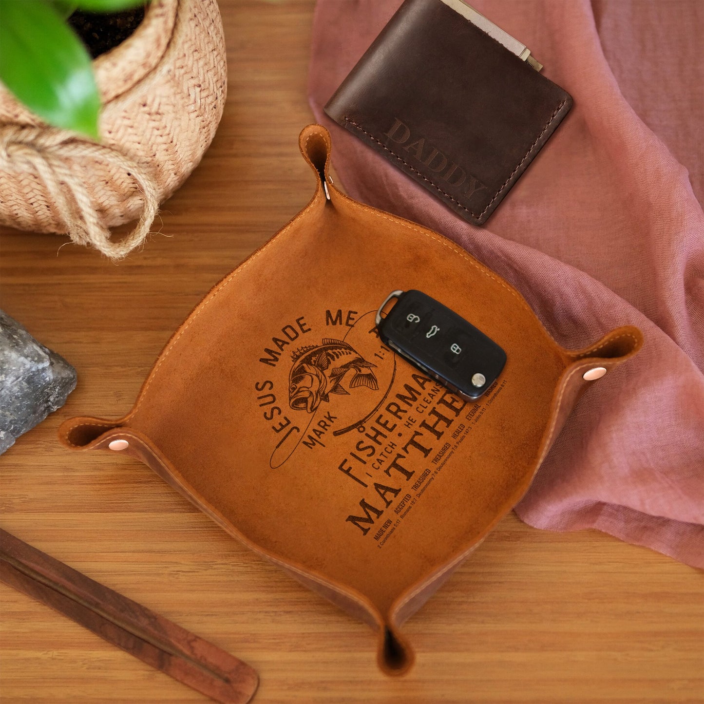 CHRISTIANARTBAG Personalized Leather Tray | Uncover the sacred meaning of your name – Jesus Made Me A Fisher Man – Custom Engraved Christian Gift by CHRISTIANARTBAG, CAB05120525