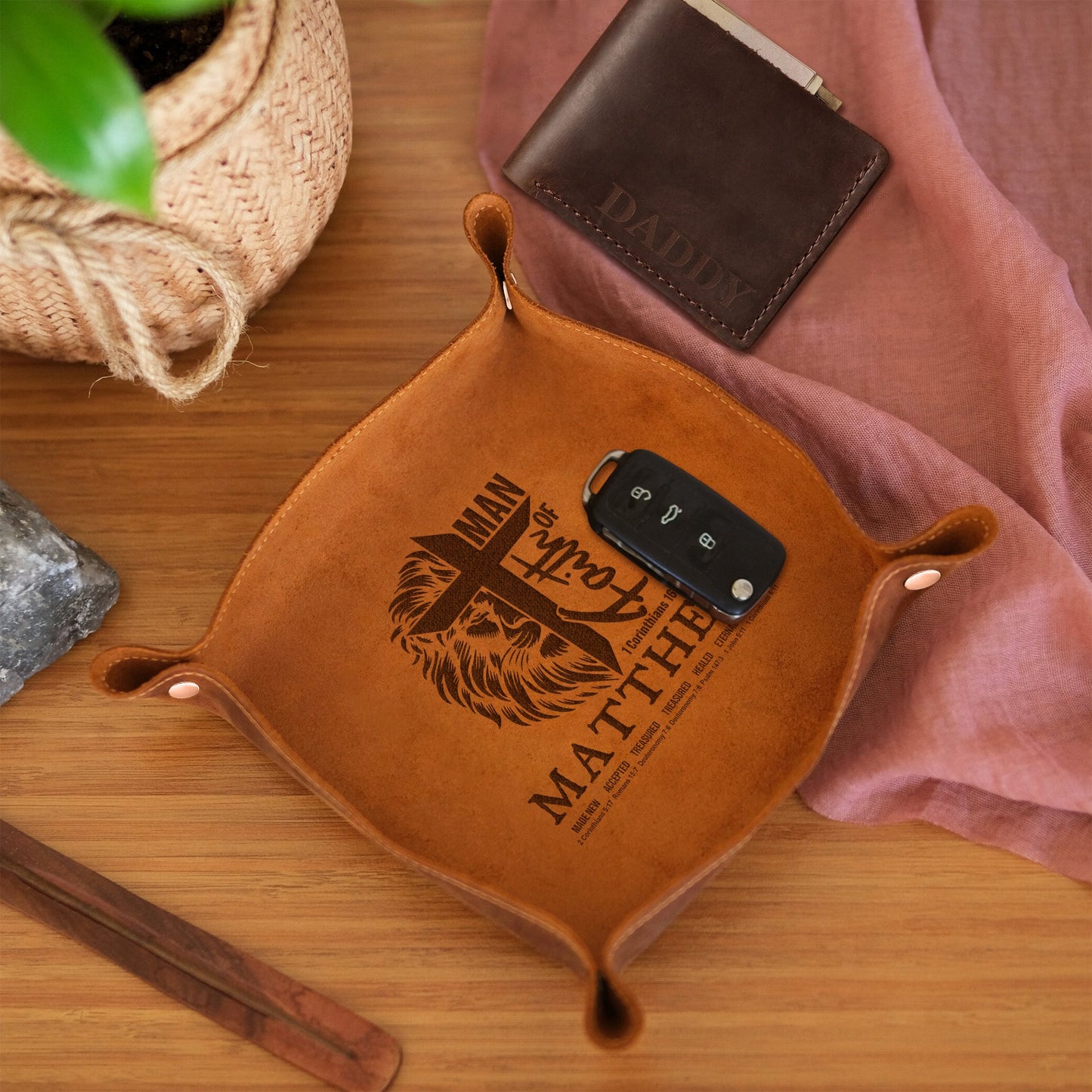 CHRISTIANARTBAG Personalized Leather Tray | Uncover the sacred meaning of your name – Man Of Faith – Custom Engraved Christian Gift by CHRISTIANARTBAG, CAB04120525