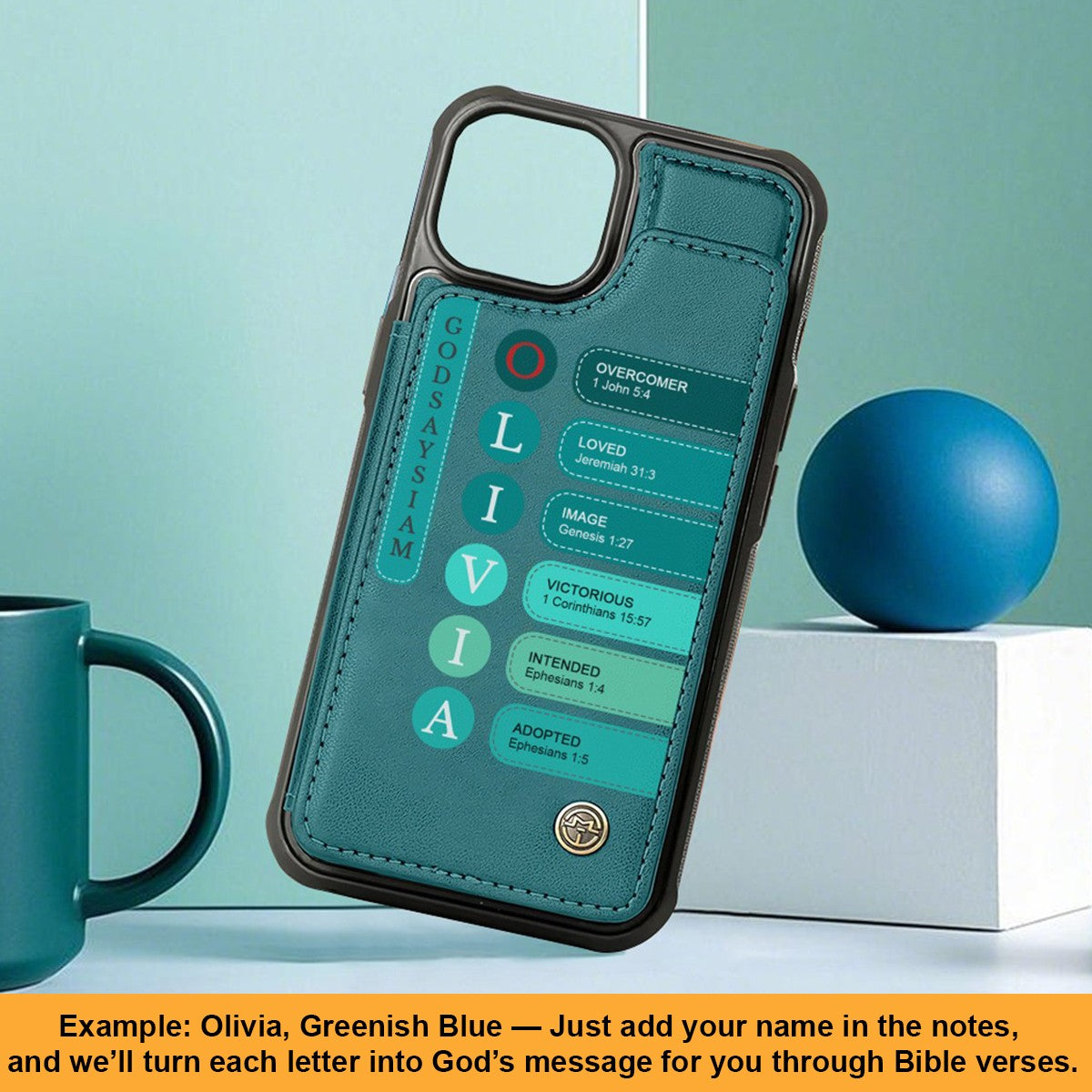 Personalized Leather Flip Wallet Phone Case with Bible Verse Initials – Custom Name Christian Phone Cover by CHRISTIANARTBAG