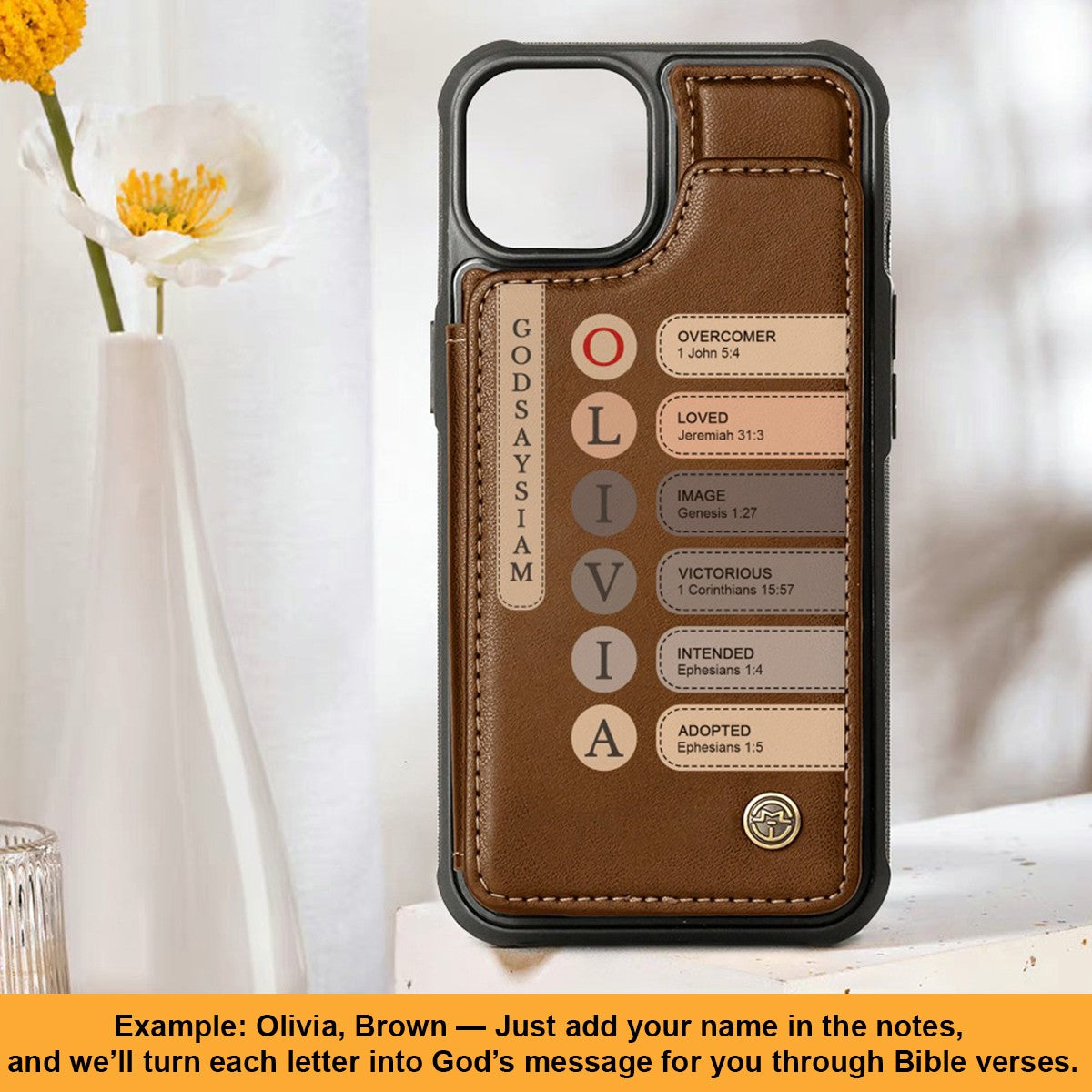 Personalized Leather Flip Wallet Phone Case with Bible Verse Initials – Custom Name Christian Phone Cover by CHRISTIANARTBAG