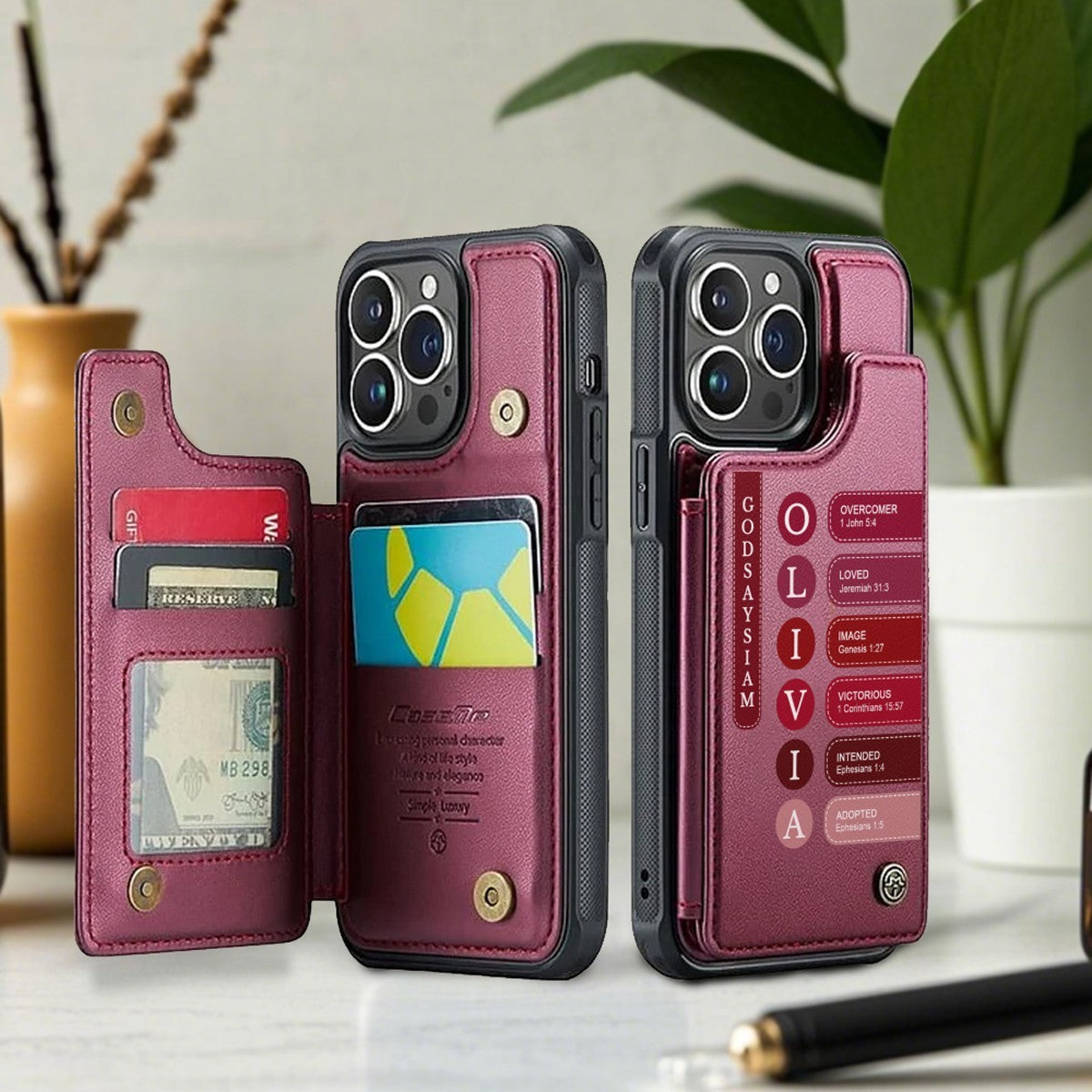 Personalized Leather Flip Wallet Phone Case with Bible Verse Initials – Custom Name Christian Phone Cover by CHRISTIANARTBAG