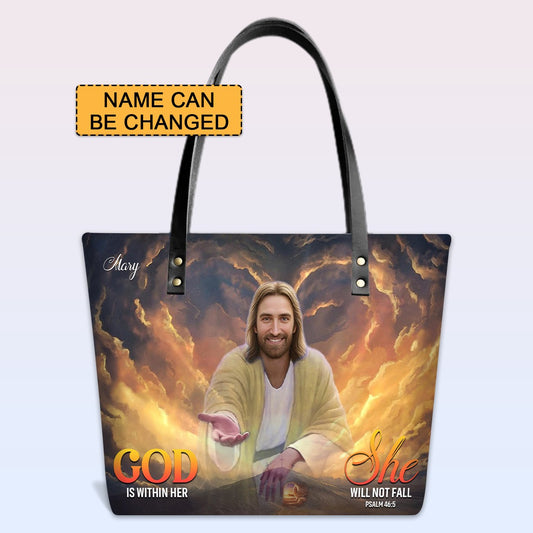 Personalized Leather Tote Bag with Bible Verses – God is within her, she will not fall Psalm 46:5 | Custom Name | CHRISTIANARTBAG Leather TOTE Bag