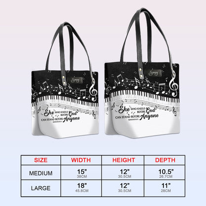 Personalized Leather Tote Bag with Bible Verses – She Who Kneels Before GOD Can Stand Before Anyone Romans 8 31 | CHRISTIANARTBAG Leather TOTE Bag