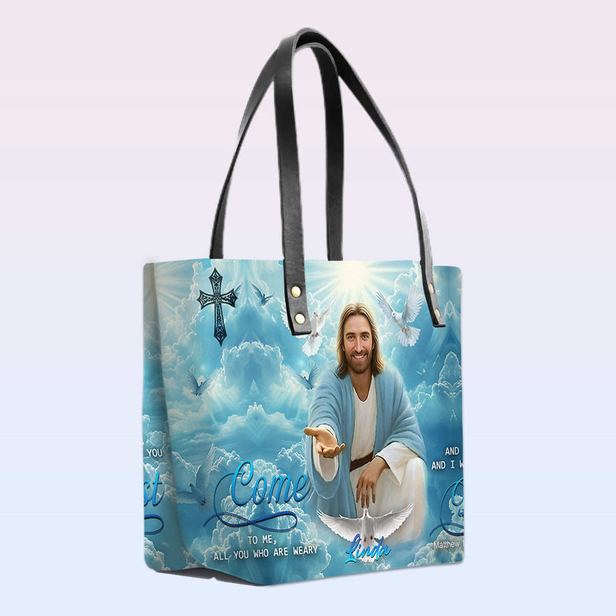 Personalized Leather Tote Bag with Bible Verses – Come to me, all who are weary, and I will give you rest, Matthew 11 28 | Custom Name | CHRISTIANARTBAG Leather TOTE Bag