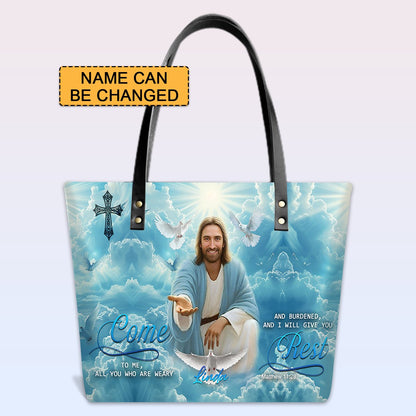Personalized Leather Tote Bag with Bible Verses – Come to me, all who are weary, and I will give you rest, Matthew 11 28 | Custom Name | CHRISTIANARTBAG Leather TOTE Bag