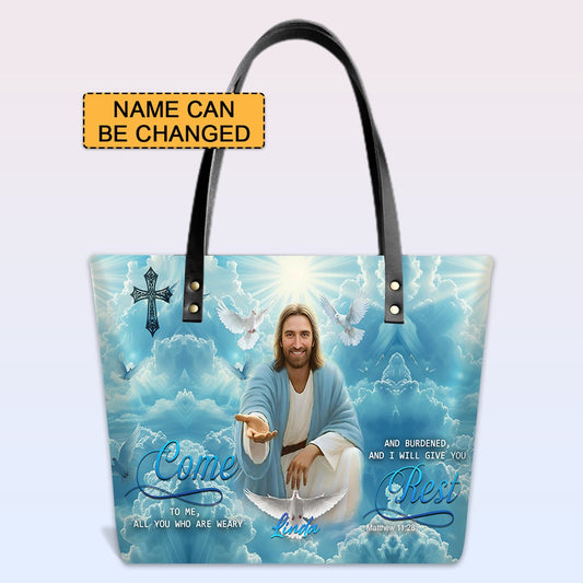 Personalized Leather Tote Bag with Bible Verses – Come to me, all who are weary, and I will give you rest, Matthew 11 28 | Custom Name | CHRISTIANARTBAG Leather TOTE Bag