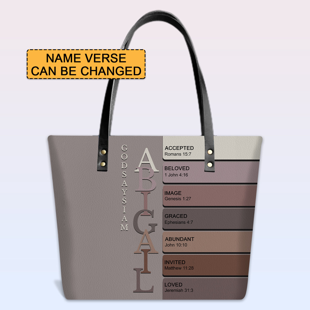 Personalized Leather Tote Bag with Bible Verses – Uncover the sacred meaning of your name – Custom Faith-Inspired Handbag | CHRISTIANARTBAG Leather TOTE Bag