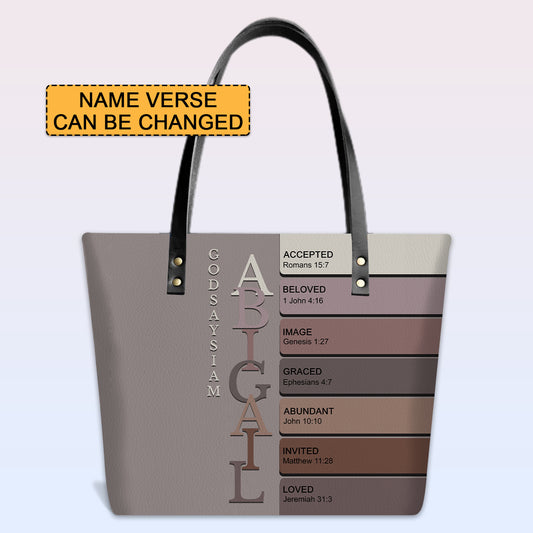 Personalized Leather Tote Bag with Bible Verses – Uncover the sacred meaning of your name – Custom Faith-Inspired Handbag | CHRISTIANARTBAG Leather TOTE Bag