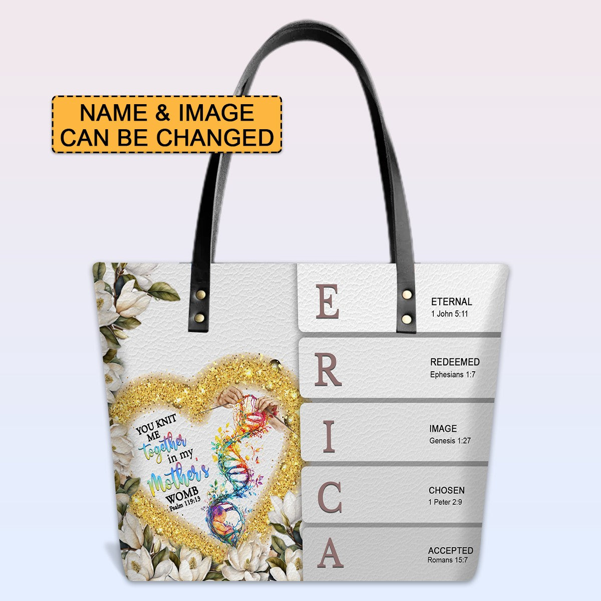 Personalized Leather Tote Bag with Bible Verses – Custom Name and Image – Uncover the sacred meaning of your name | CHRISTIANARTBAG Leather TOTE Bag