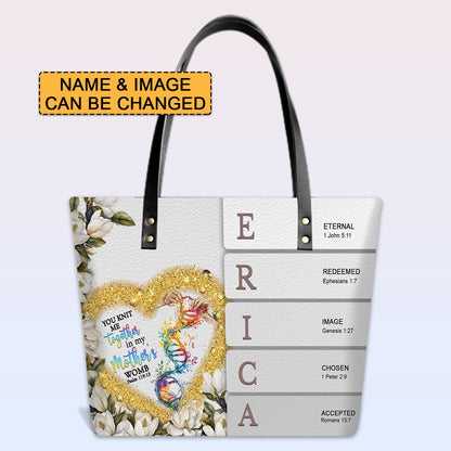 Personalized Leather Tote Bag with Bible Verses – Custom Name and Image – Uncover the sacred meaning of your name | CHRISTIANARTBAG Leather TOTE Bag