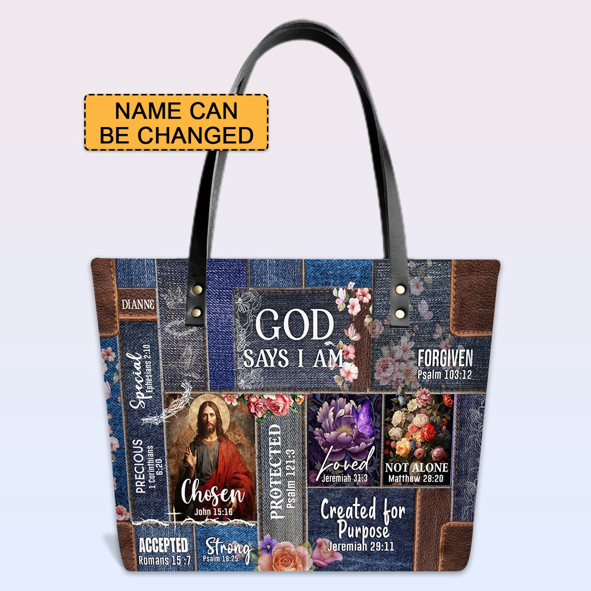 Personalized Christian Handbag | Leather Denim Floral Purse | GOD Says I Am | Custom Bible Bag by CHRISTIANARTBAG