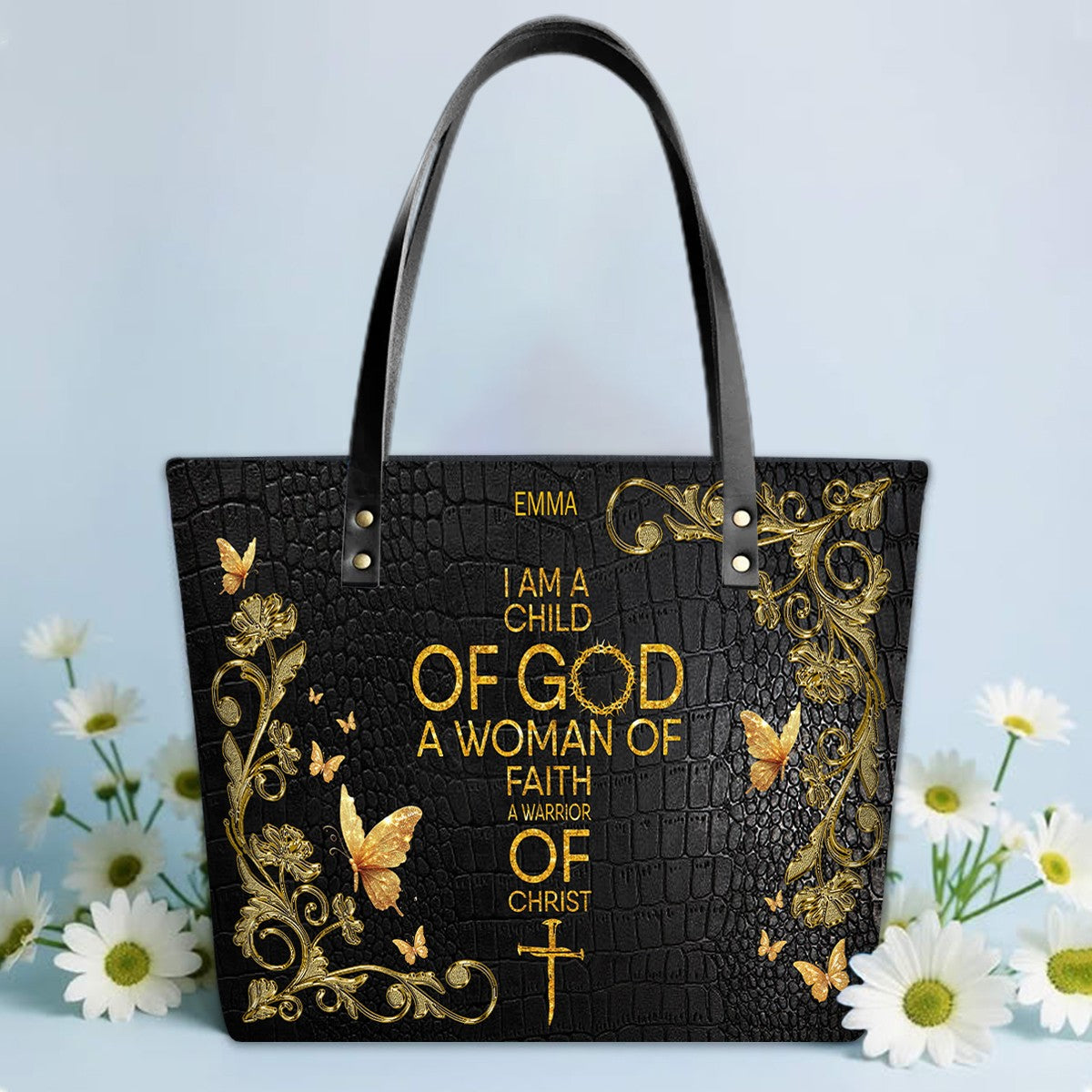 Personalized Leather Tote Bag with Bible Verses – Custom Faith-Inspired Leather TOTE Bag | CHRISTIANARTBAG Leather TOTE Bag Navy CAB01122225