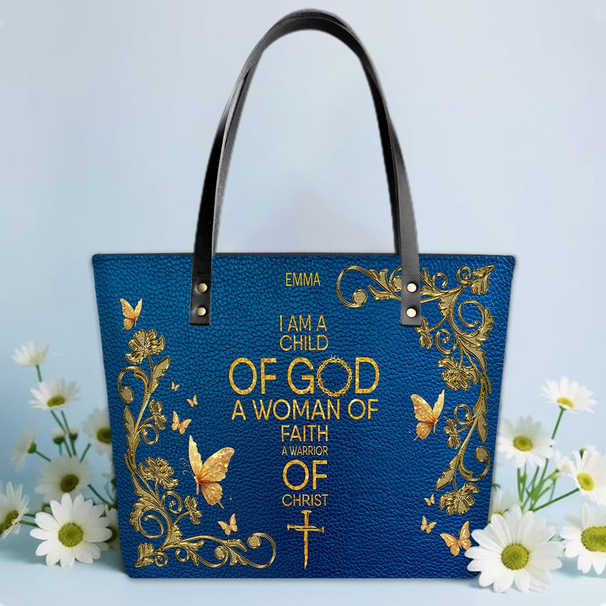 Personalized Leather Tote Bag with Bible Verses – Custom Faith-Inspired Leather TOTE Bag | CHRISTIANARTBAG Leather TOTE Bag Navy CAB01122225