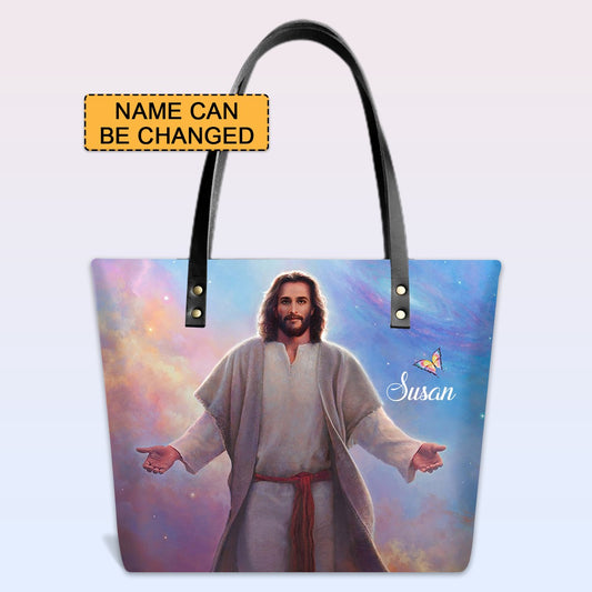 Personalized Leather Tote Bag with Bible Verses – Christian Handbag with Jesus Design | Custom Name | CHRISTIANARTBAG Leather TOTE Bag
