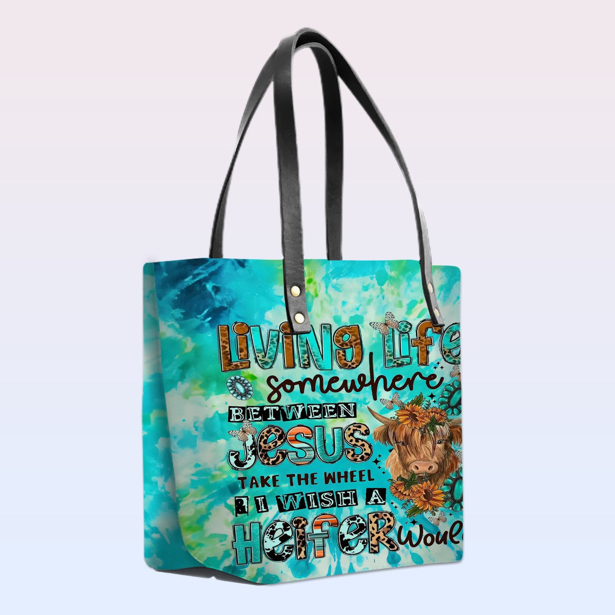 Personalized Leather Tote Bag with Bible Verses – Living Life Somewhere Between Jesus Cow | CHRISTIANARTBAG Leather TOTE Bag