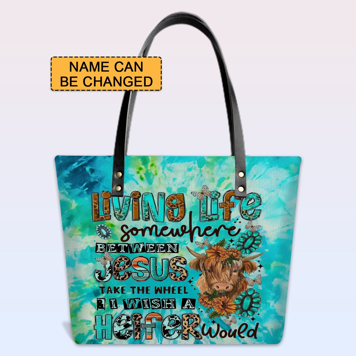 Personalized Leather Tote Bag with Bible Verses – Living Life Somewhere Between Jesus Cow | CHRISTIANARTBAG Leather TOTE Bag