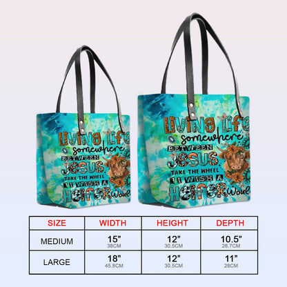 Personalized Leather Tote Bag with Bible Verses – Living Life Somewhere Between Jesus Cow | CHRISTIANARTBAG Leather TOTE Bag