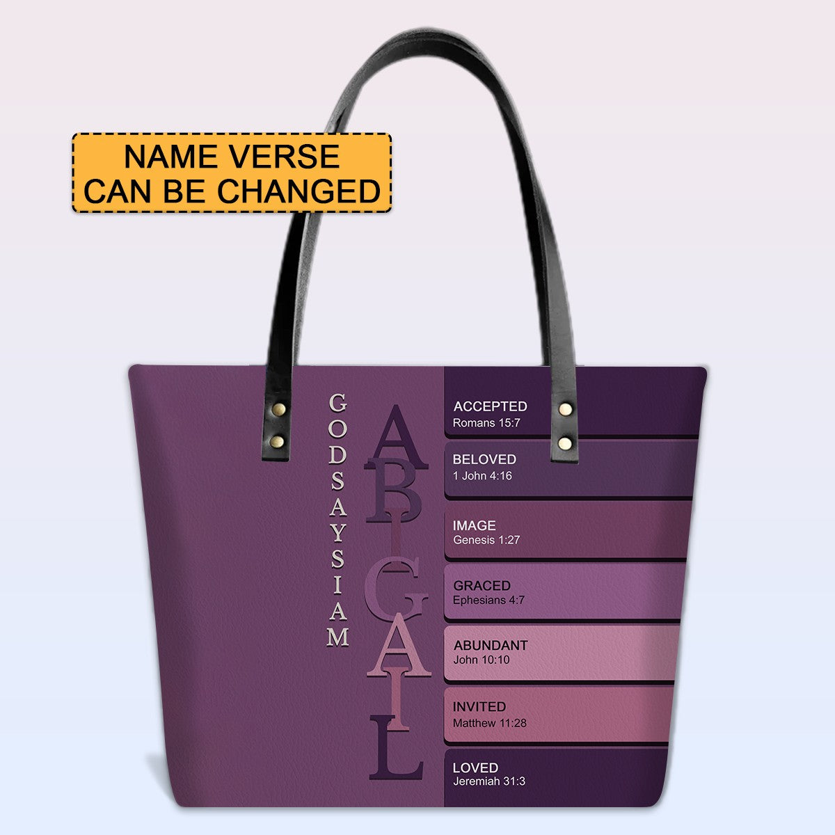 Personalized Leather Tote Bag with Bible Verses – Uncover the sacred meaning of your name – Custom Faith-Inspired Handbag | CHRISTIANARTBAG Leather TOTE Bag