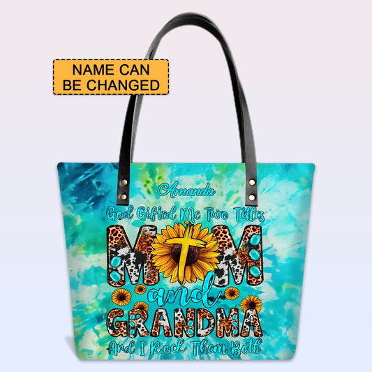 Personalized Leather Tote Bag with Bible Verses – God Gifted Me Two Titles Tie Dye | CHRISTIANARTBAG Leather TOTE Bag
