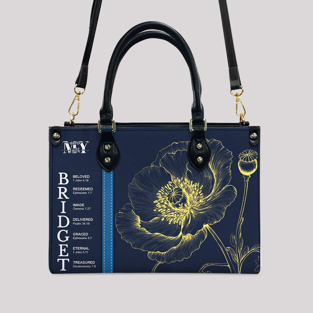 Personalized Leather Handbag with Name Meaning & Bible Verses – Birth Month Flower Design | Christian Gift for Women by CHRISTIANARTBAG