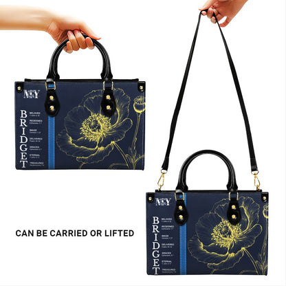 Personalized Leather Handbag with Name Meaning & Bible Verses – Birth Month Flower Design | Christian Gift for Women by CHRISTIANARTBAG