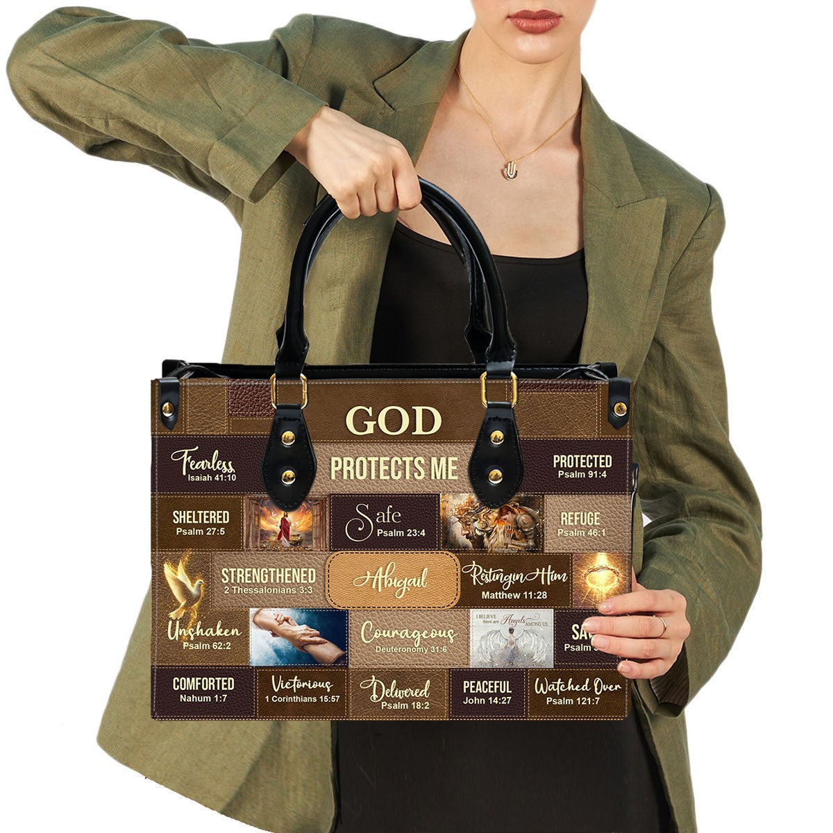 Personalized Christian Leather Handbag – Bible Verse Faith, Love & Protection Tote by CHRISTIANARTBAG