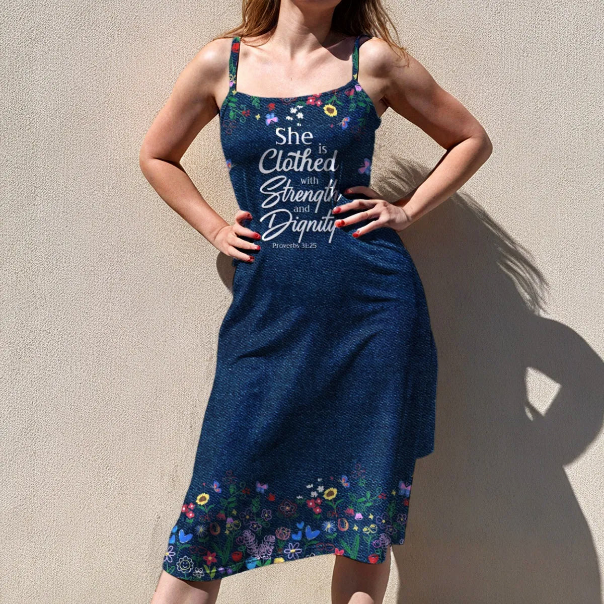 Christian Faith Dress for Women – Bible Verses Denim Print Maxi Dress with Bible Verses | Inspirational Religious Summer Dress