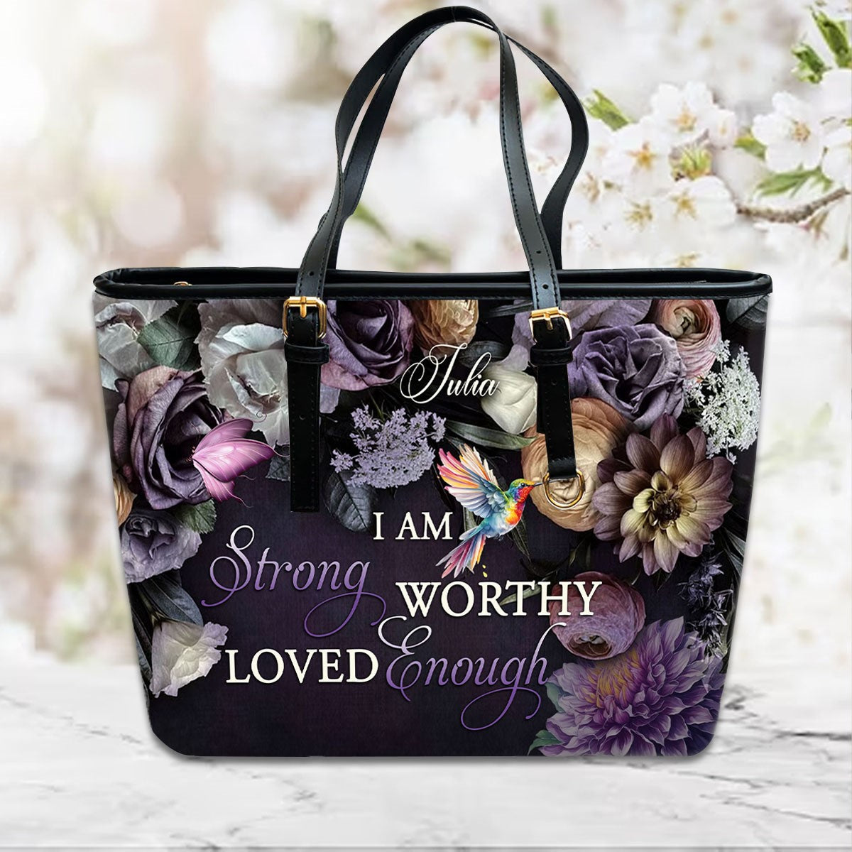 Customizable Leather Tote with Floral Design - 'Your Name' Personalized Bag by CHRISTIANARTBAG CABLTHB01150424.