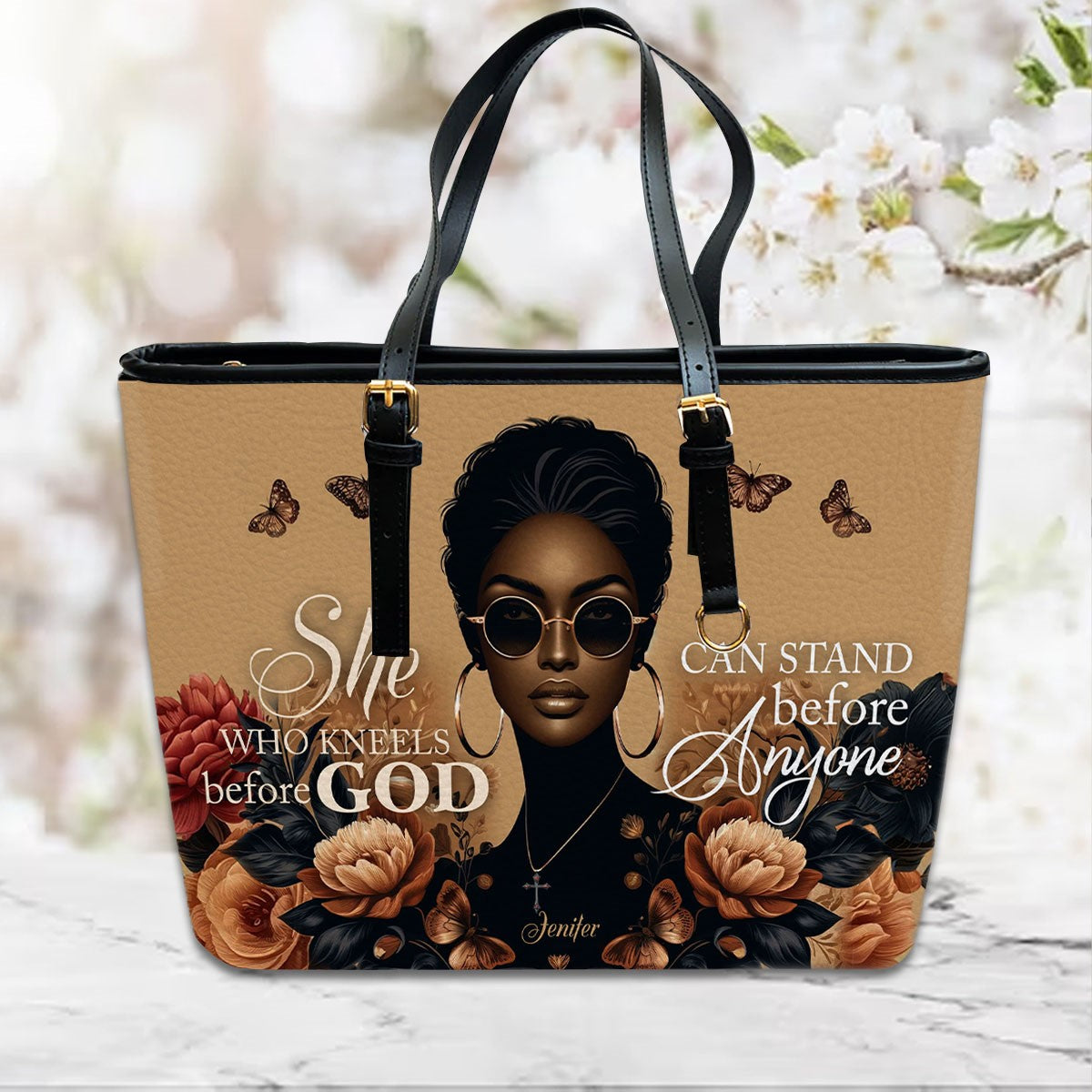 Divine Confidence Leather Tote - 'She Who Kneels' Customizable Handbag by CHRISTIANARTBAG CABLTHB02170424.