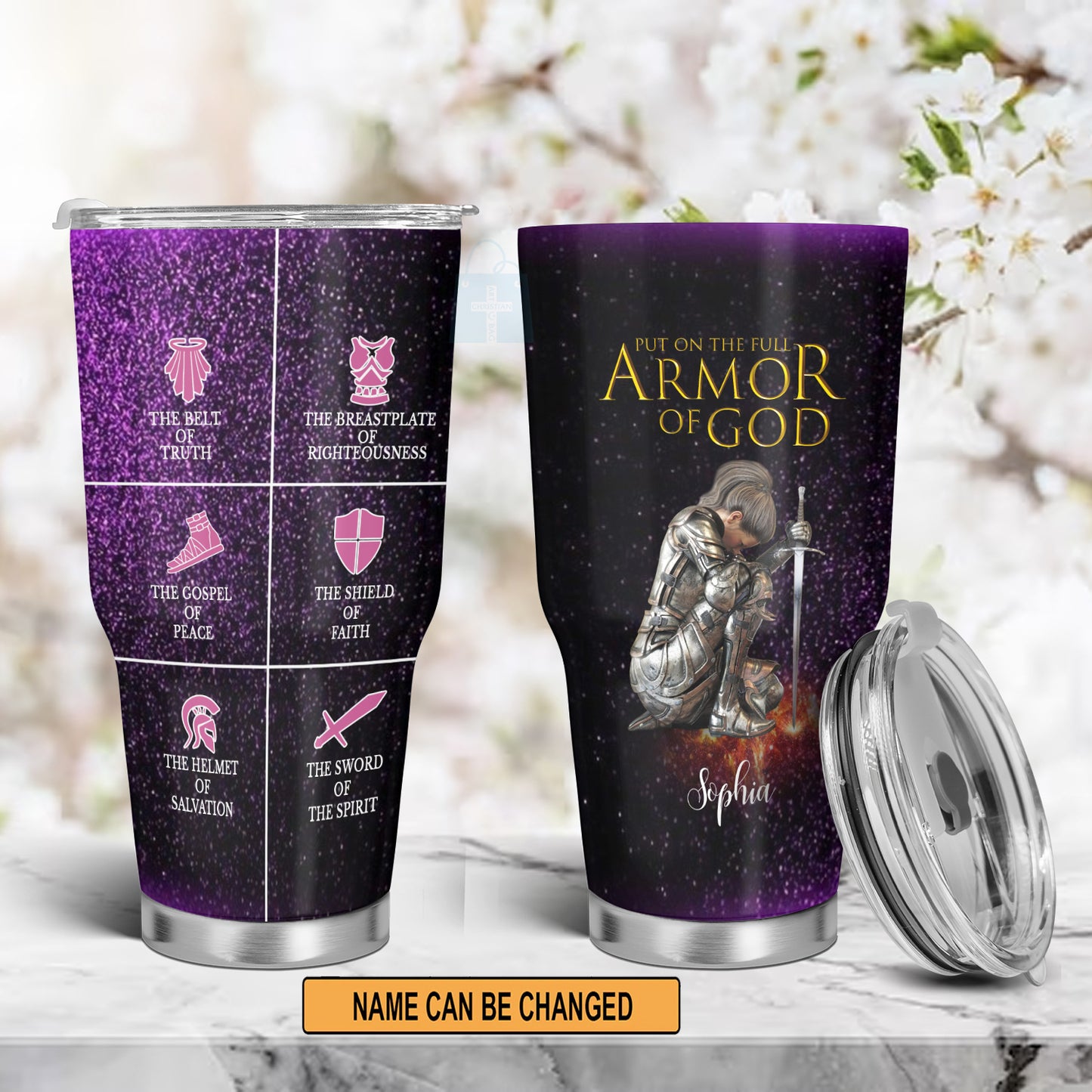 Christianartbag Drinkware, Put On The Full Armor Of God, Personalized Mug, Purple Pink Tumbler, Christian Gift, CABTB08160823. - Christian Art Bag