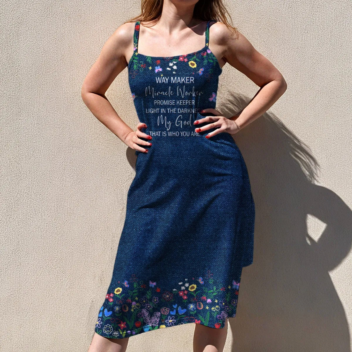 Christian Faith Dress for Women – Bible Verses Denim Print Maxi Dress with Bible Verses | Inspirational Religious Summer Dress