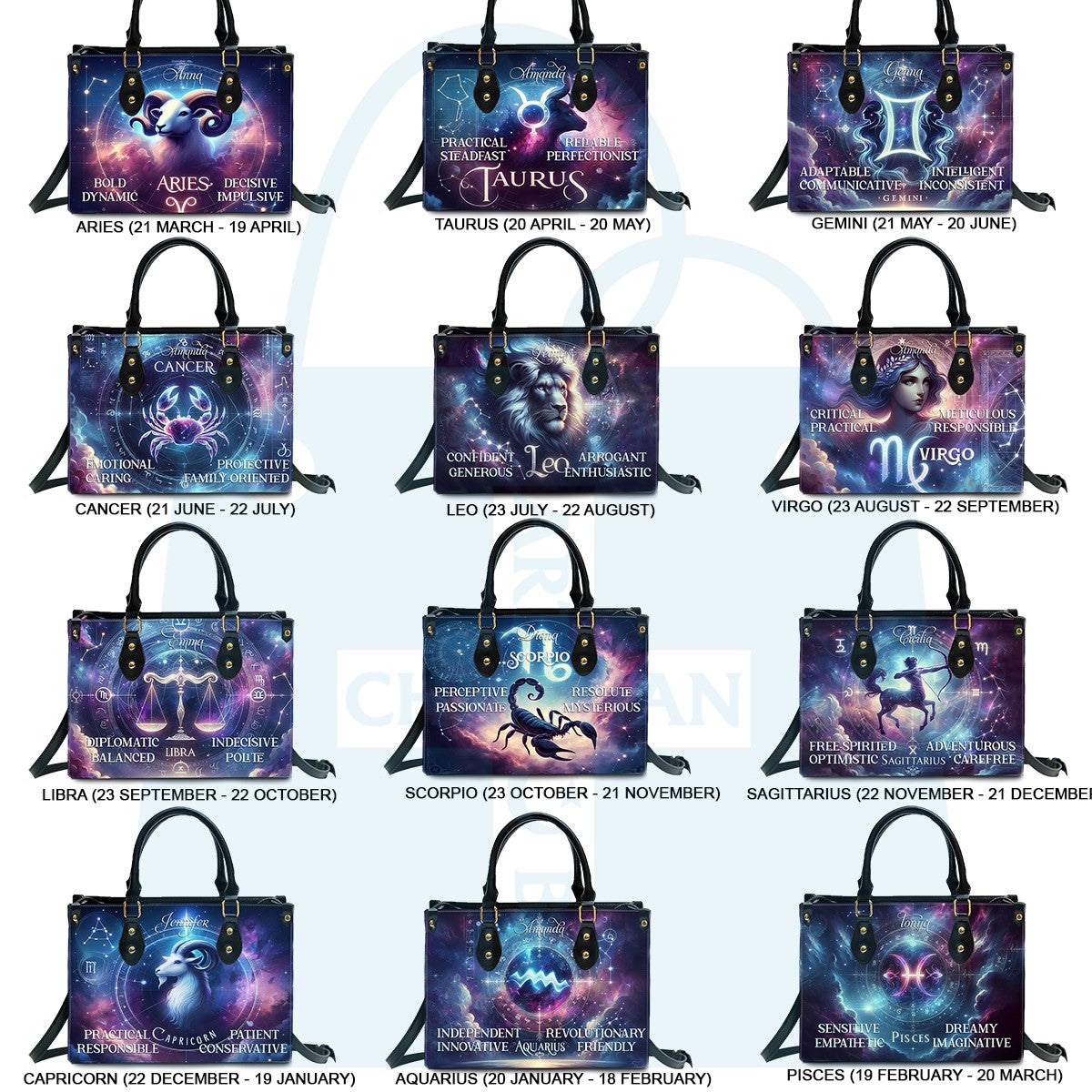 Customizable Astrological Elegance Leather Handbag – Tailor-Made by CHRISTIANARTBAG for Your Zodiac Sign