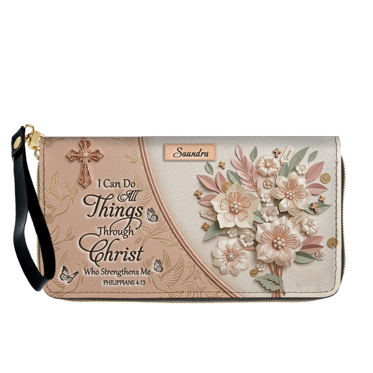 Custom Name Christian Leather Handbag by CHRISTIANARTBAG | I Can Do All Things Shoulder Bag, Religious Floral Gift for Her CAB01070126