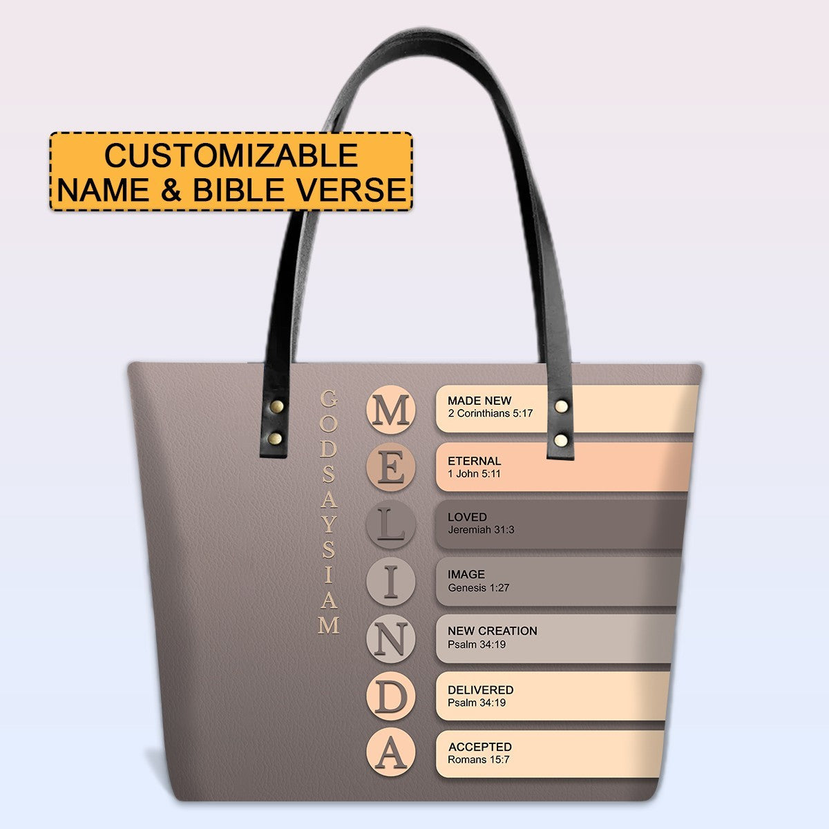 Personalized Leather Tote Bag with Bible Verses – Uncover the sacred meaning of your name – Custom Faith-Inspired Handbag Gradient Color | CHRISTIANARTBAG Leather TOTE Bag