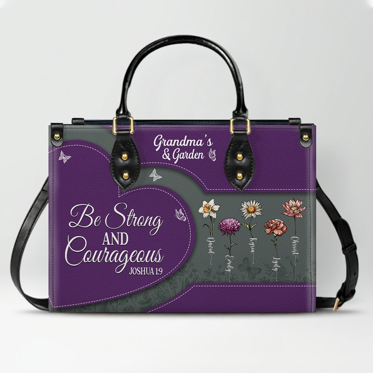 CHRISTIANARTBAG | Personalized Leather Handbag Tote | "Be Still & Know" Bible Verse Grandma's Garden | Custom Birth Month Flower Gift