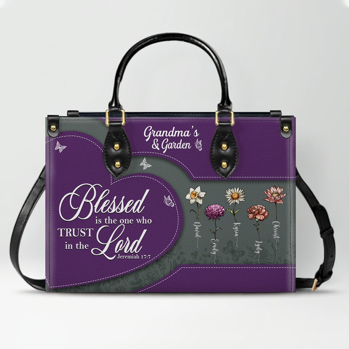 CHRISTIANARTBAG | Personalized Leather Handbag Tote | "Be Still & Know" Bible Verse Grandma's Garden | Custom Birth Month Flower Gift