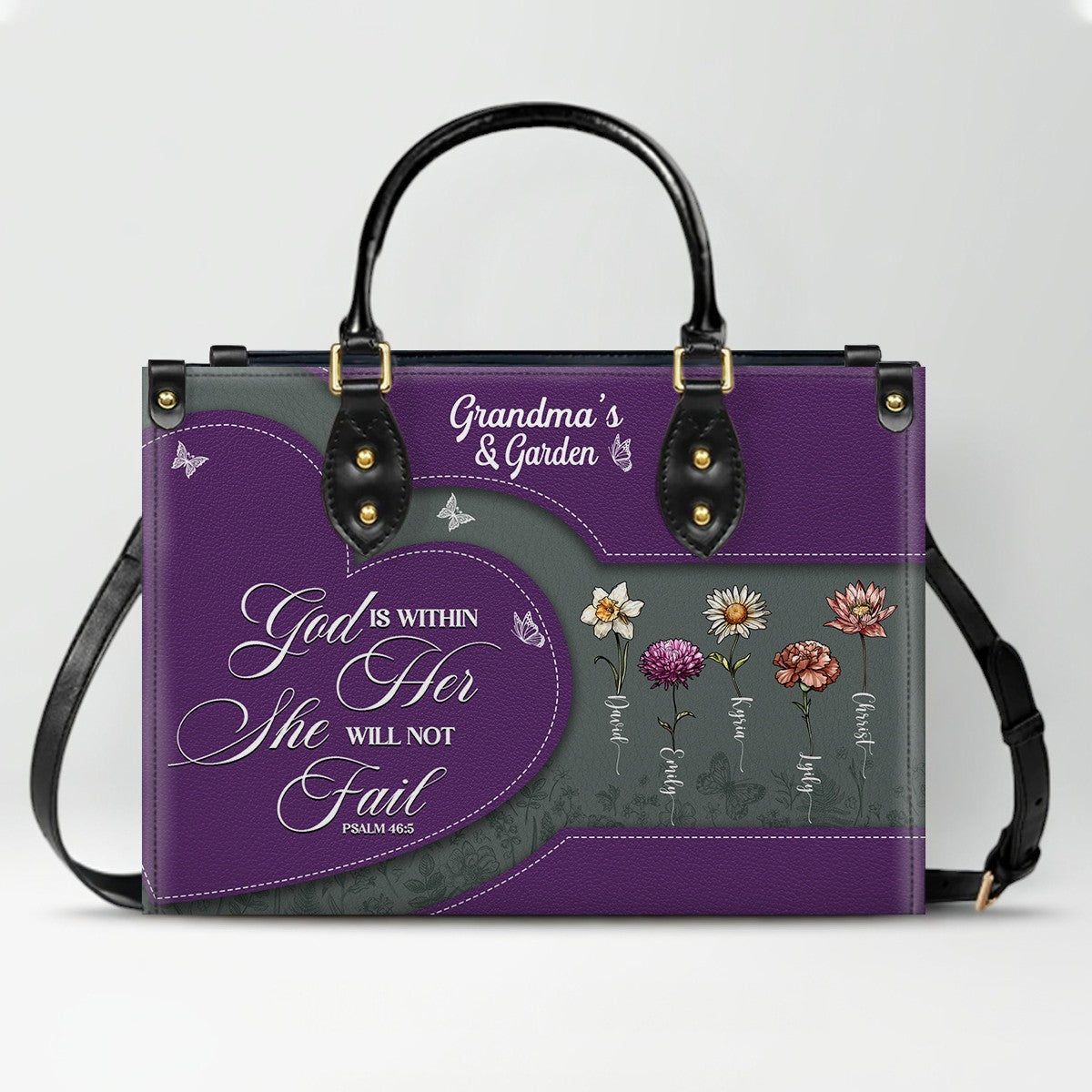 CHRISTIANARTBAG | Personalized Leather Handbag Tote | "Be Still & Know" Bible Verse Grandma's Garden | Custom Birth Month Flower Gift