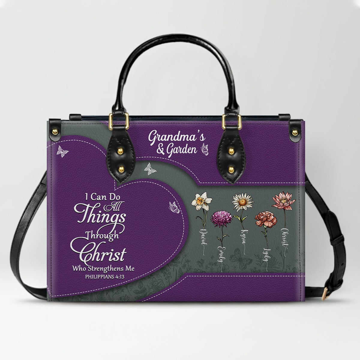 CHRISTIANARTBAG | Personalized Leather Handbag Tote | "Be Still & Know" Bible Verse Grandma's Garden | Custom Birth Month Flower Gift