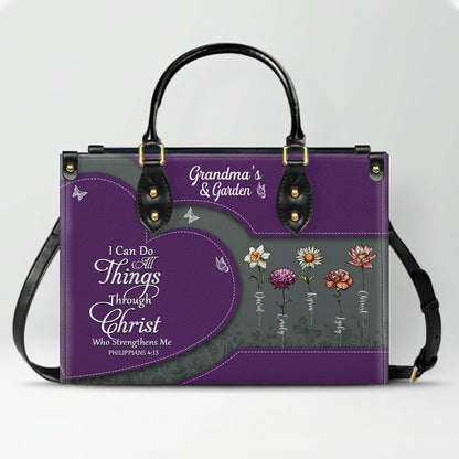 CHRISTIANARTBAG | Personalized Leather Handbag Tote | "Be Still & Know" Bible Verse Grandma's Garden | Custom Birth Month Flower Gift