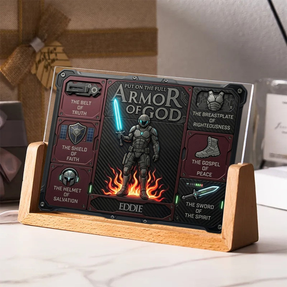 CHRISTIANARTBAG Personalized Armor of God Acrylic LED Light - Custom Tactical Christian Desk Decor, Sci-Fi Faith Gift for Son, Husband, Men