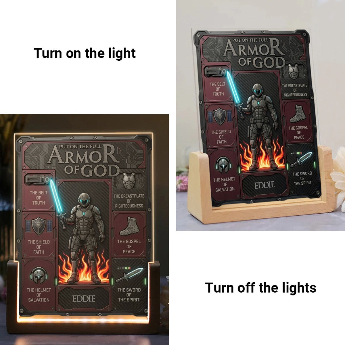 CHRISTIANARTBAG Personalized Armor of God Acrylic LED Light - Custom Tactical Christian Desk Decor, Sci-Fi Faith Gift for Son, Husband, Men