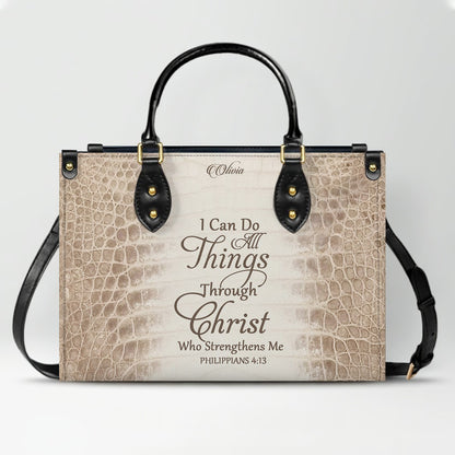 Personalized Christian Leather Handbag by CHRISTIANARTBAG – Custom Bible Verse Albino Alligator Purse, Faith-Inspired Luxury Gift for Women