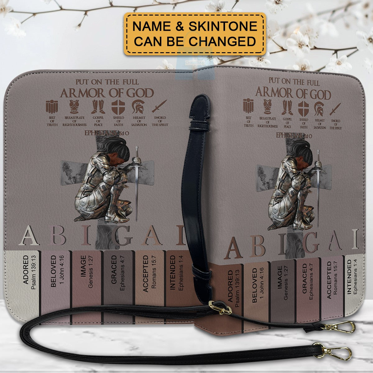 Personalized Armor of God Bible Cover – Custom Name & Skin Tone – Each Letter Linked to a Bible Verse