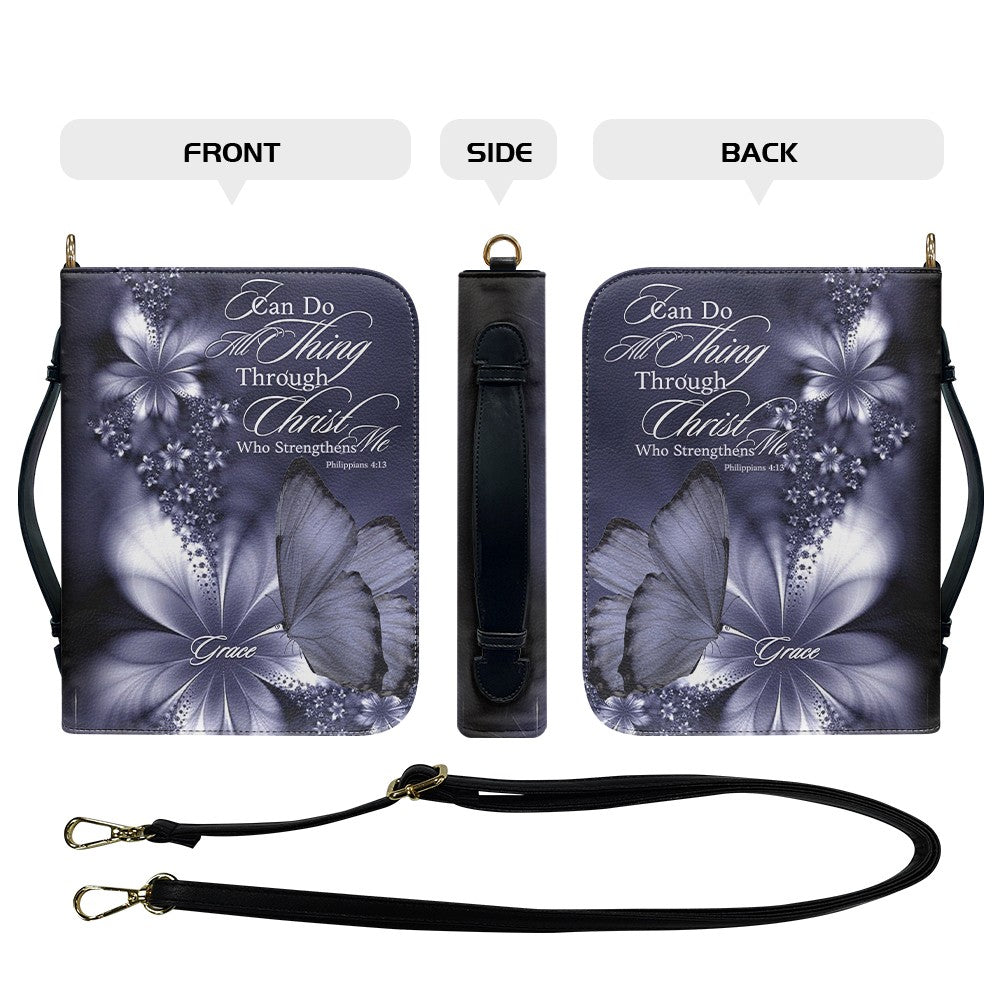 Custom Name Bible Cover - "I Can Do All Things" Butterfly Design - Premium Christian Art Bag for Her