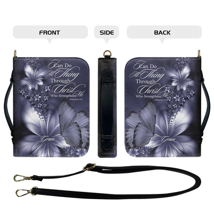 Custom Name Bible Cover - "I Can Do All Things" Butterfly Design - Premium Christian Art Bag for Her