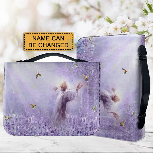 Personalized Spiritual Awakening Bible Cover - Jesus in Purple Meadow Art with Custom Name Option by CHRISTIANARTBAG CABBBCV02270324