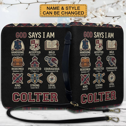 Personalized God Says I Am Kids Bible Cover | Custom Name Boy Bible Case, Premium Vegan Leather, Construction Truck Christian Gift CAB0171726