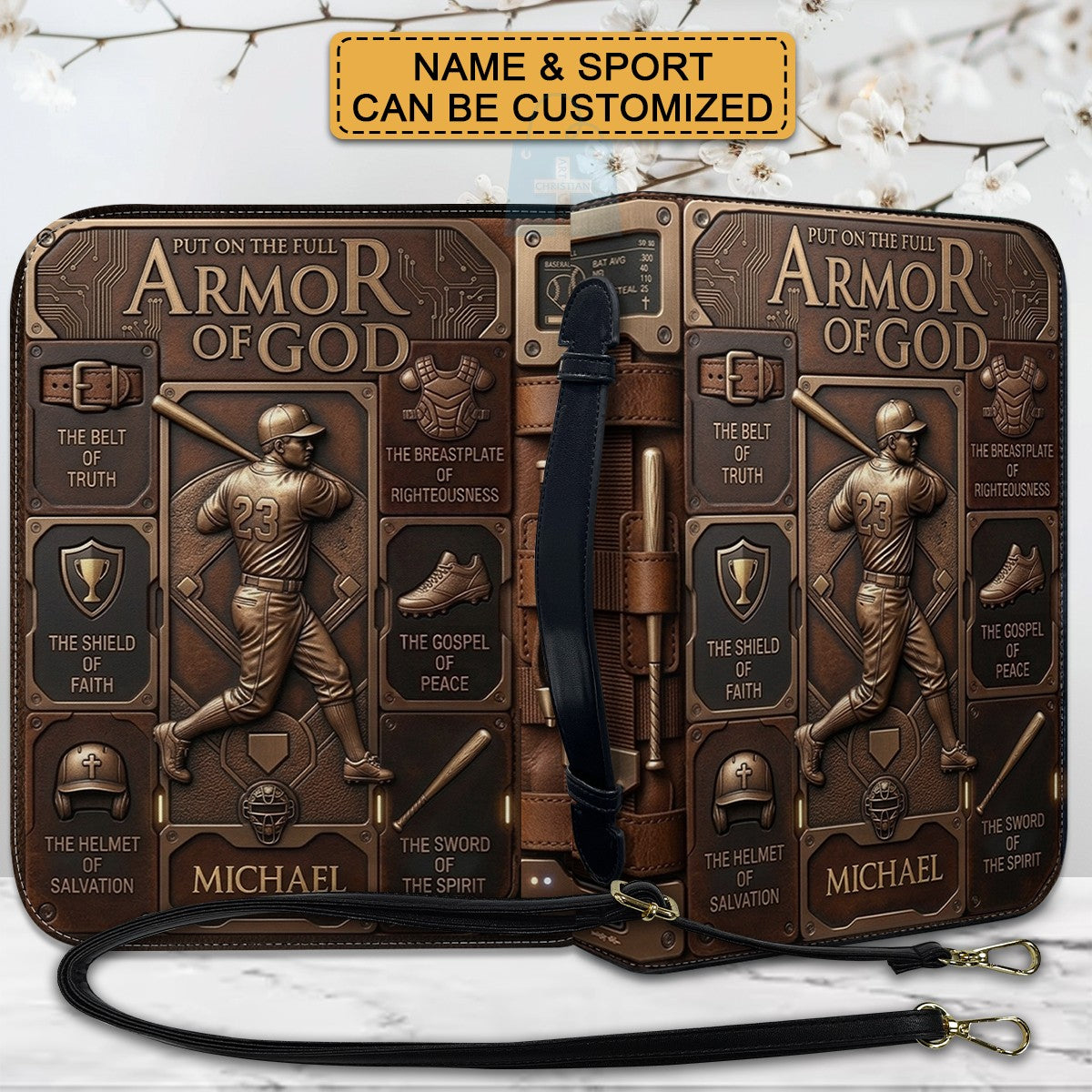 Customized Bible Cover for Men: Personalized Name & Sport Armor of God Design | CHRISTIANARTBAG Bible Case with Strap CAB01070326