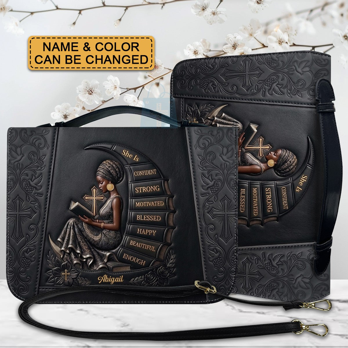 Personalized Bible Cover for Women, Custom Name Leather Bible Bag with Strap - CHRISTIANARTBAG CAB01100126